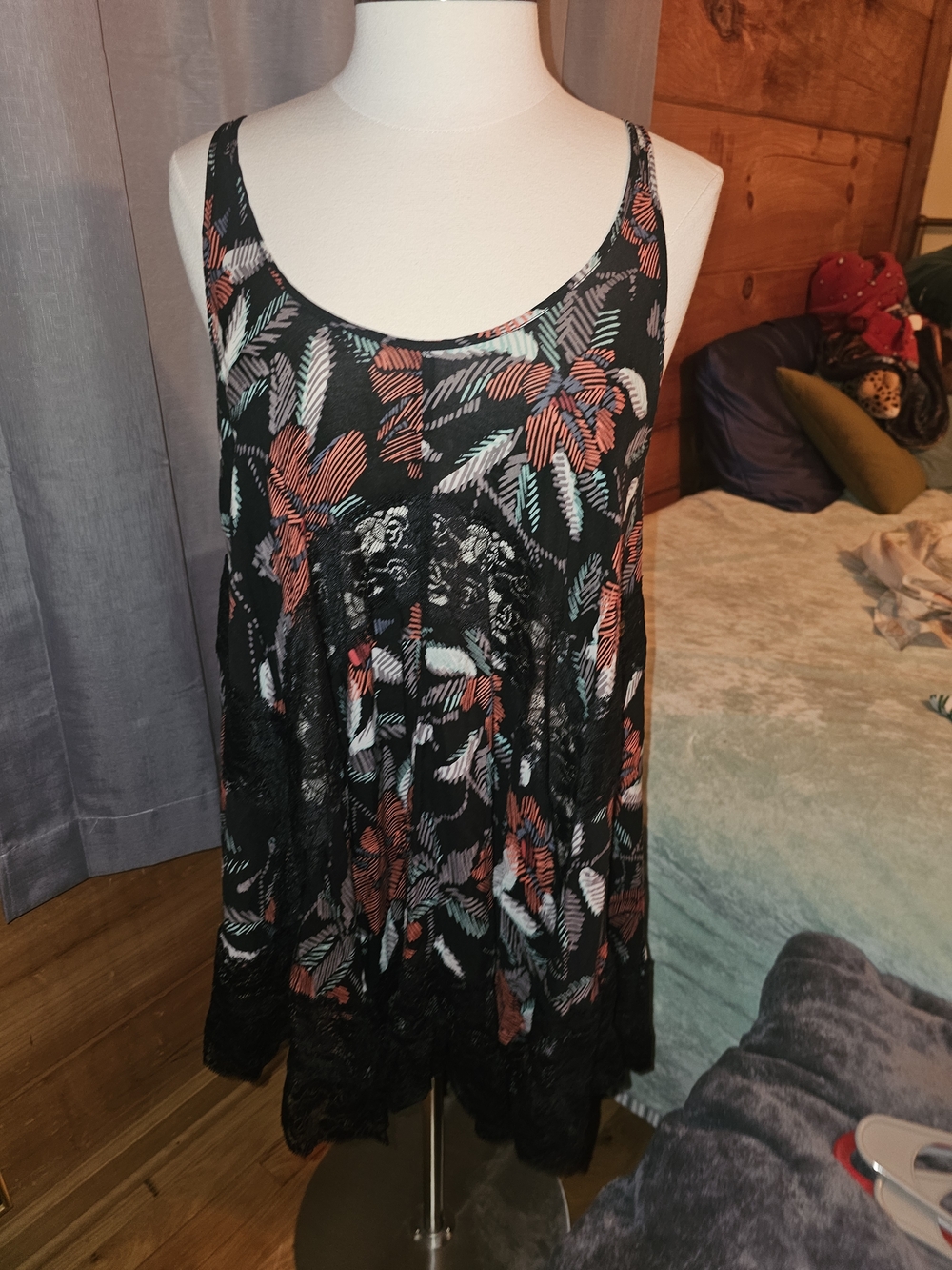Free People Black Floral Mini Dress with Coral and Mint Accents